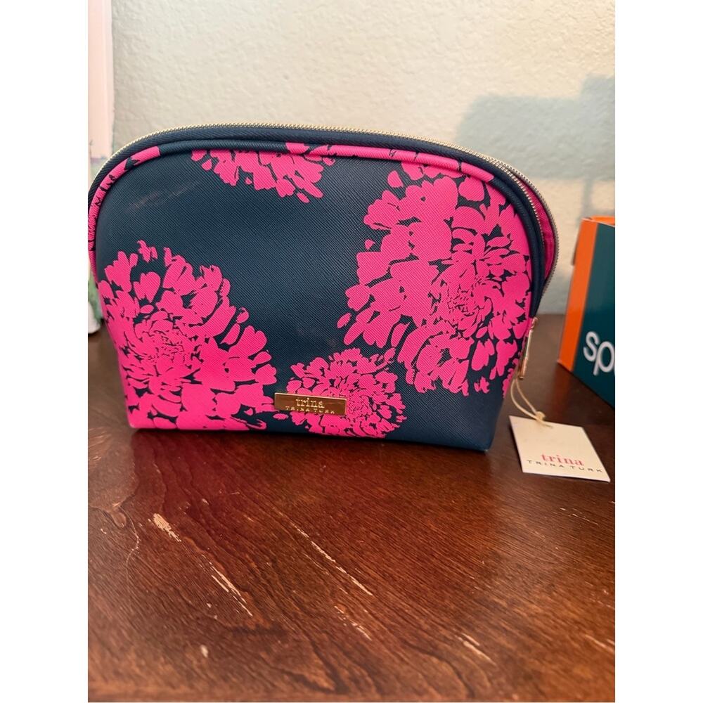 Trina Turk Navy Cosmetic Pouch with Hot Pink Floral Print